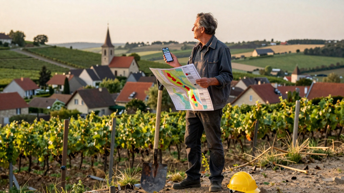 Man holding a map and phone in a vineyard with village and church in the background at sunset.