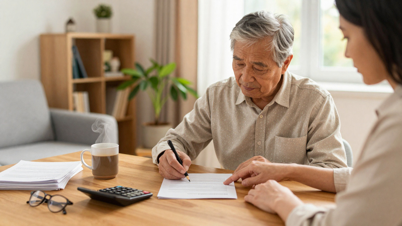 Elderly man signing a document at a table while a woman points at the paper in a bright living room.