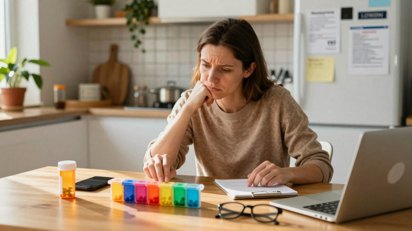 Woman in kitchen looking concerned while sorting colourful weekly pill organiser at wooden table with laptop and notebook.