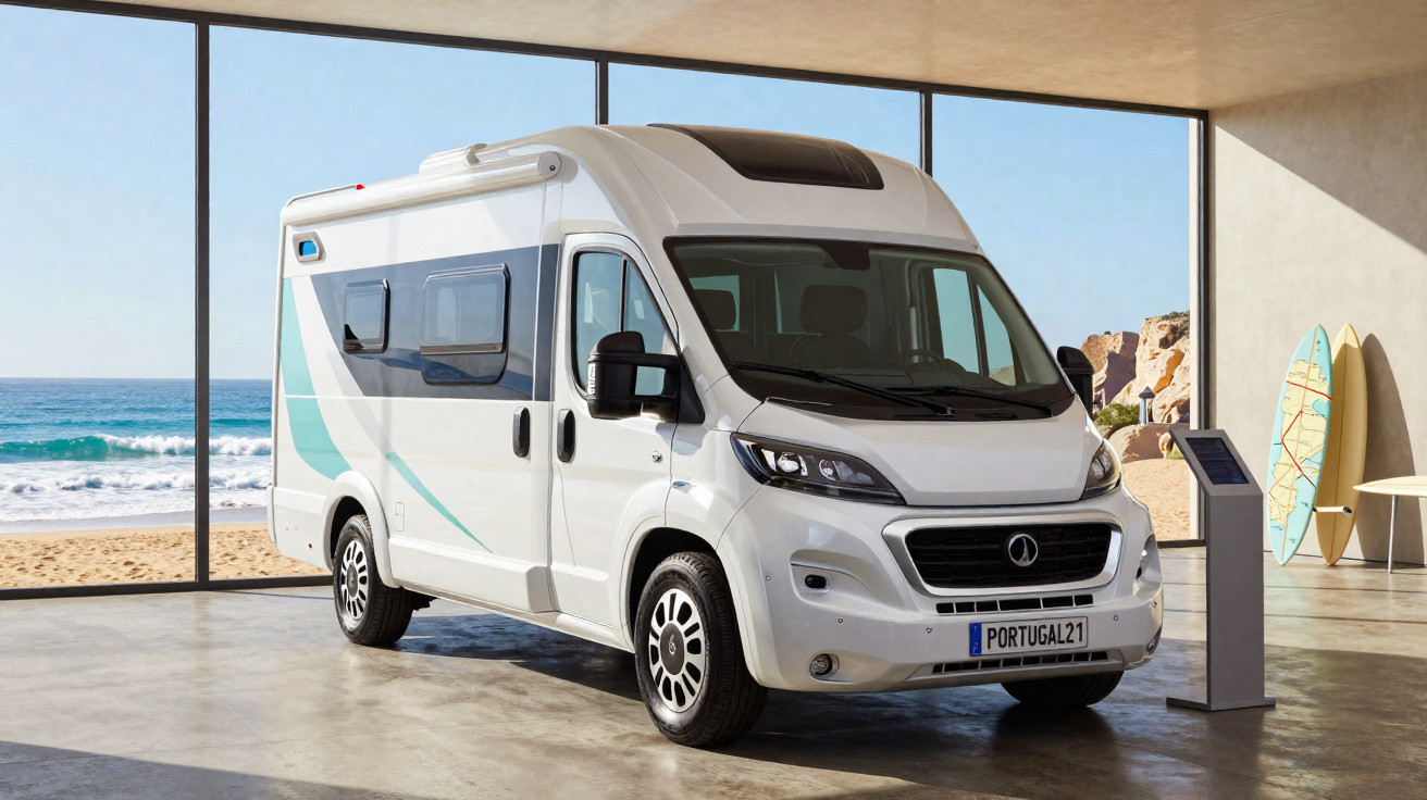 White camper van parked indoors with large glass windows showing a beach and surfboards outside.