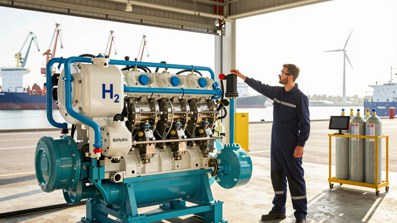 Technician operates a large green and white hydrogen engine in an industrial port setting with ships and cranes in the backgr