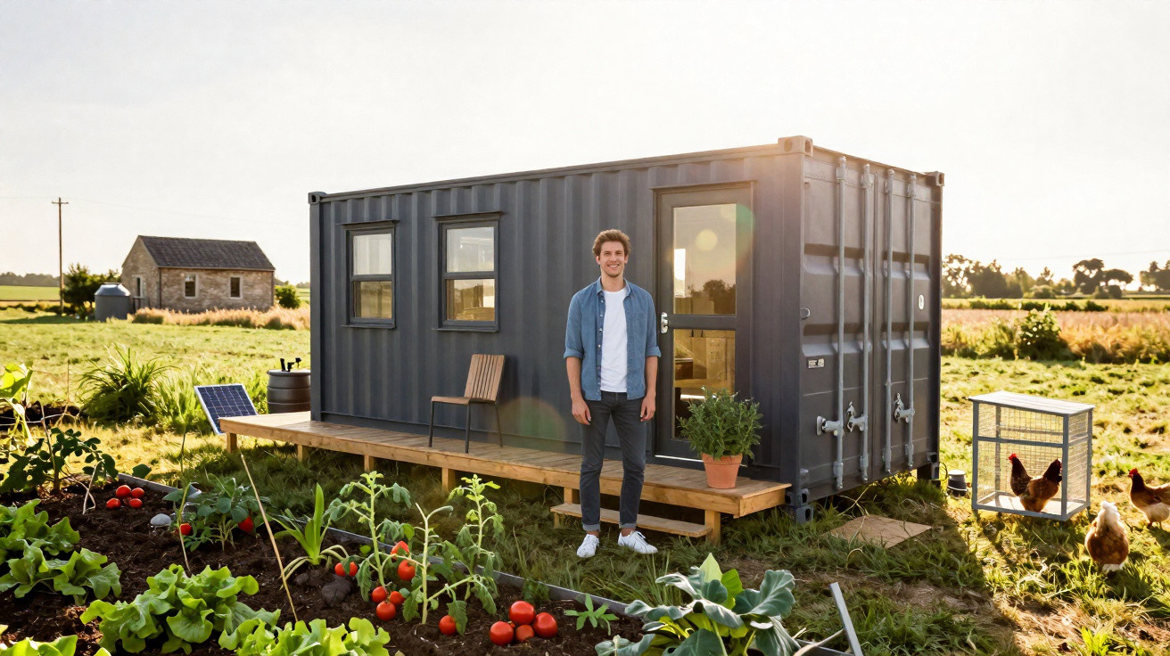 Young man standing in front of a modern black shipping container home with a vegetable garden and chickens nearby.