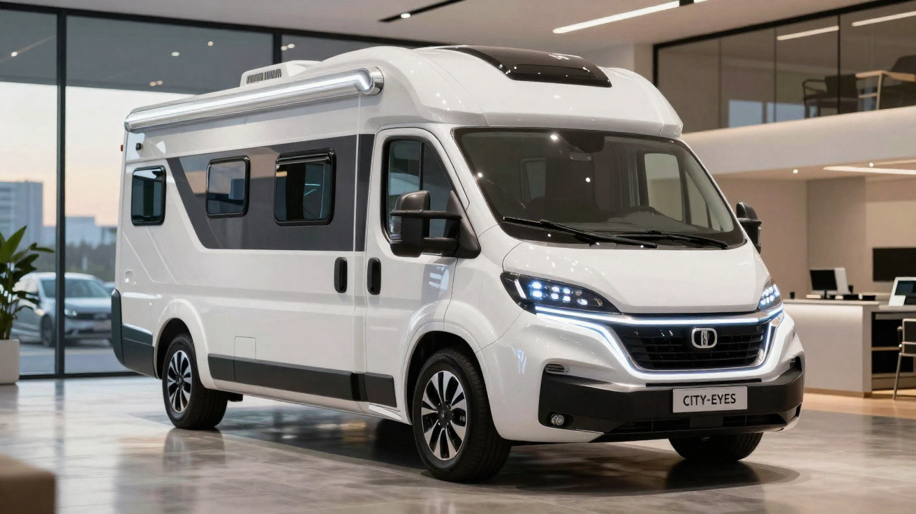 White modern camper van with tinted windows and LED headlights in a showroom interior.