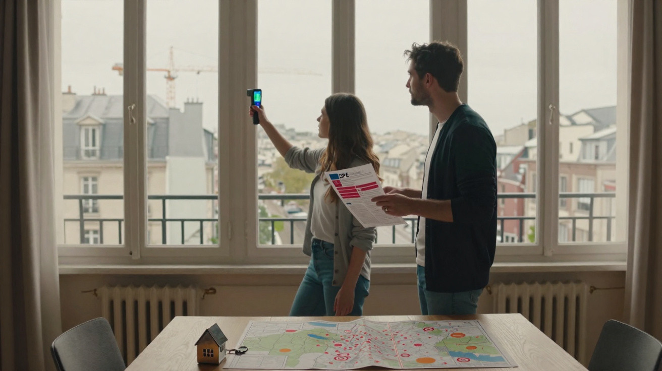 Couple assessing heat loss at home using thermal camera while holding energy performance certificate.