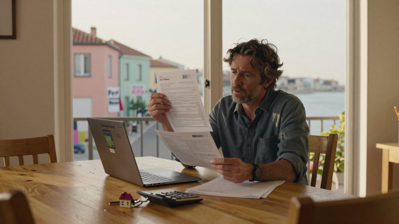 Man sitting at a wooden table reviewing documents with a laptop and calculator, sea and colourful buildings outside.
