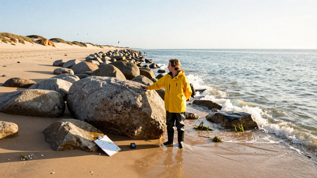 Person in a yellow jacket standing on a sandy beach near large rocks with waves breaking nearby.