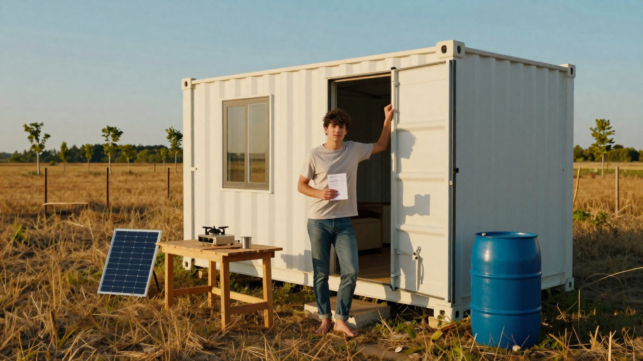 Young man holding a paper standing at the door of a white container home in a dry field with solar panel and blue barrel near
