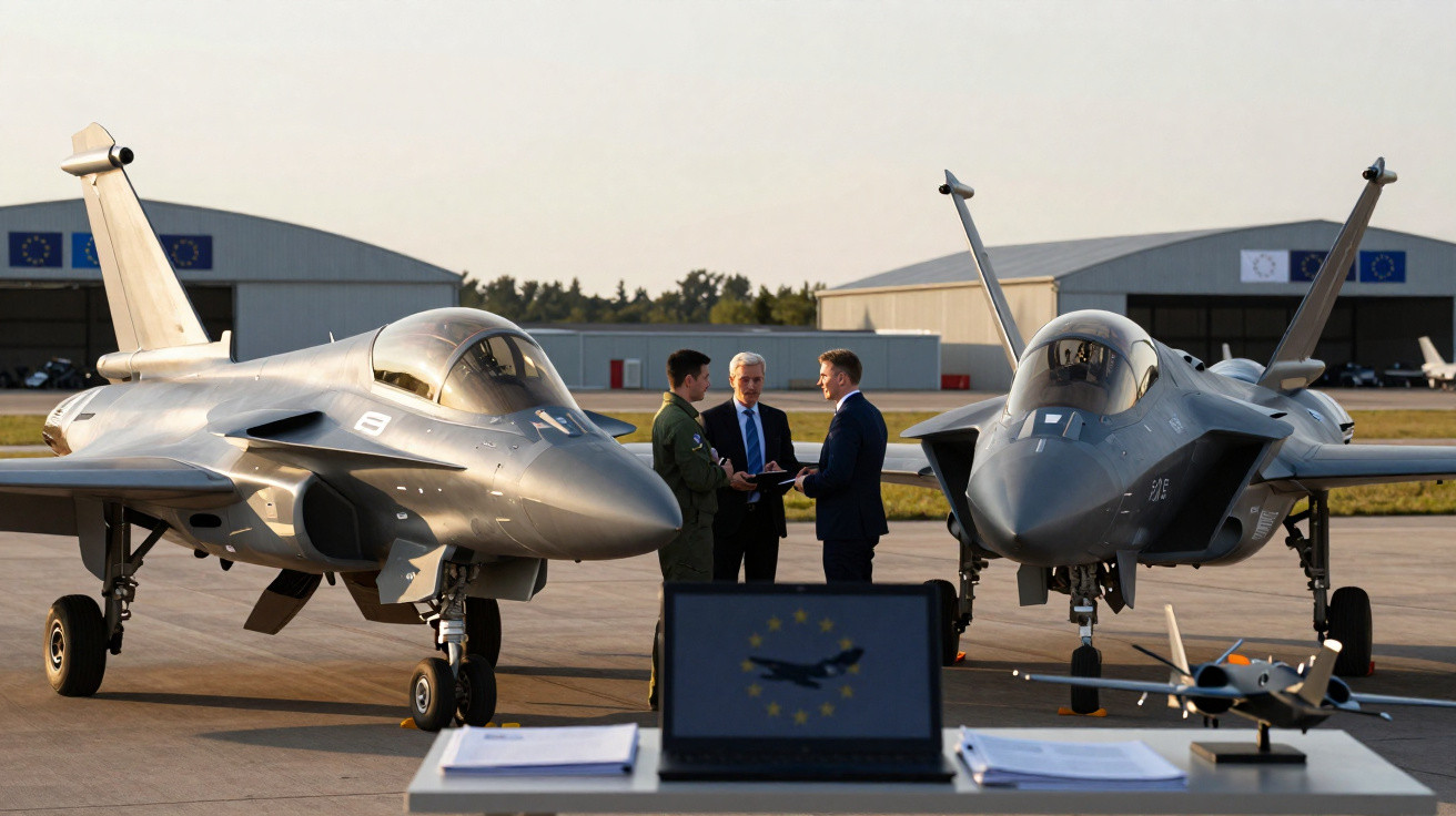 Two modern fighter jets on a runway with three men in discussion and a laptop displaying an EU emblem in foreground