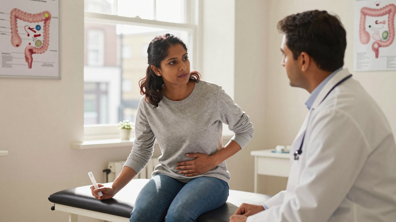 Woman showing abdominal pain while consulting doctor in medical examination room with digestive system posters.