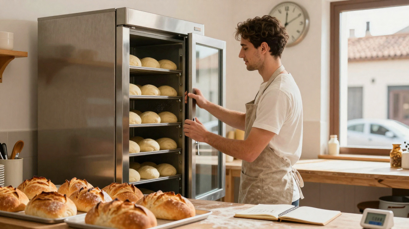 Baker placing dough trays into a commercial oven in a bright kitchen with freshly baked bread on the table.