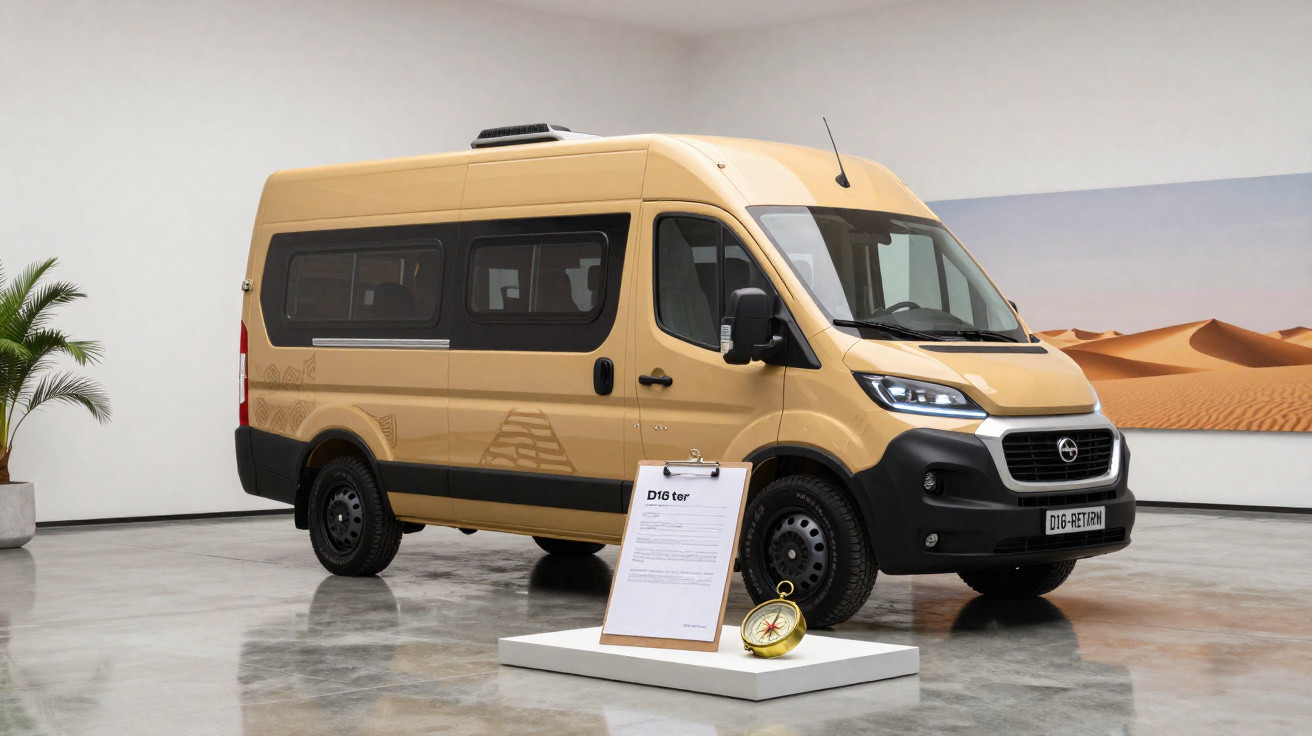 Beige camper van displayed indoors with information board and compass on white platform nearby.