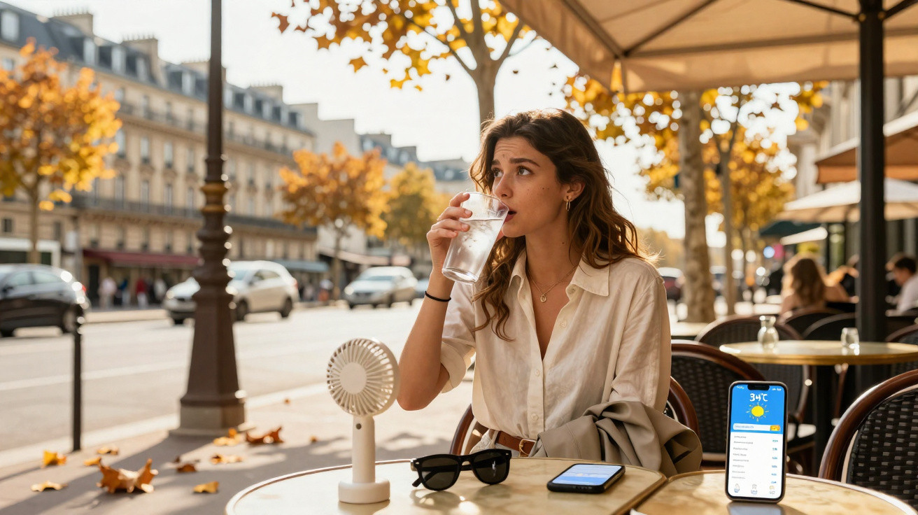 Woman sipping water at outdoor café table with portable fan, sunglasses, and smartphone showing weather app on screen