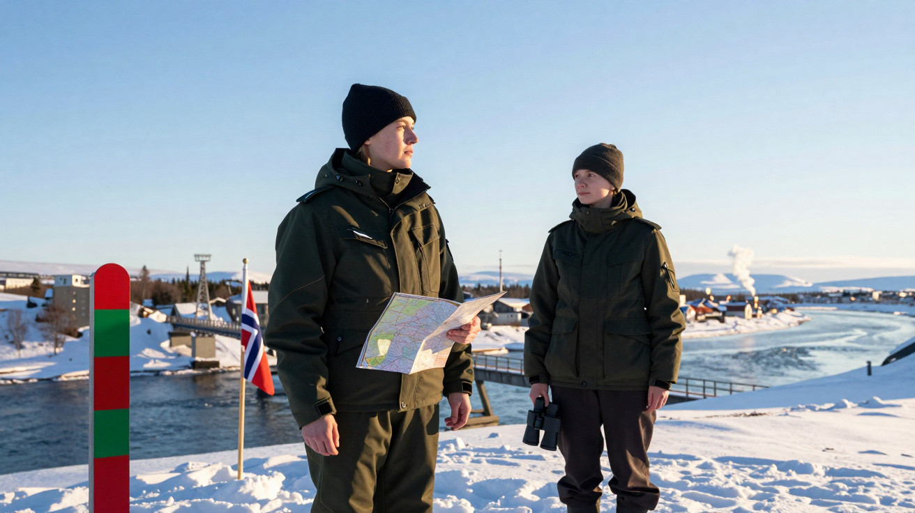 Two people in winter clothing stand on a snowy riverbank, one holding a map, the other binoculars, near a border marker.