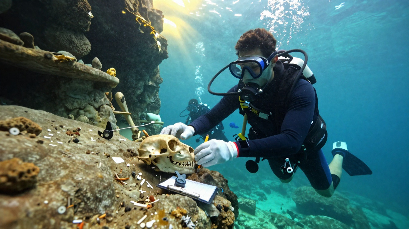 Diver underwater examining a primate skull during an underwater archaeological research dive.