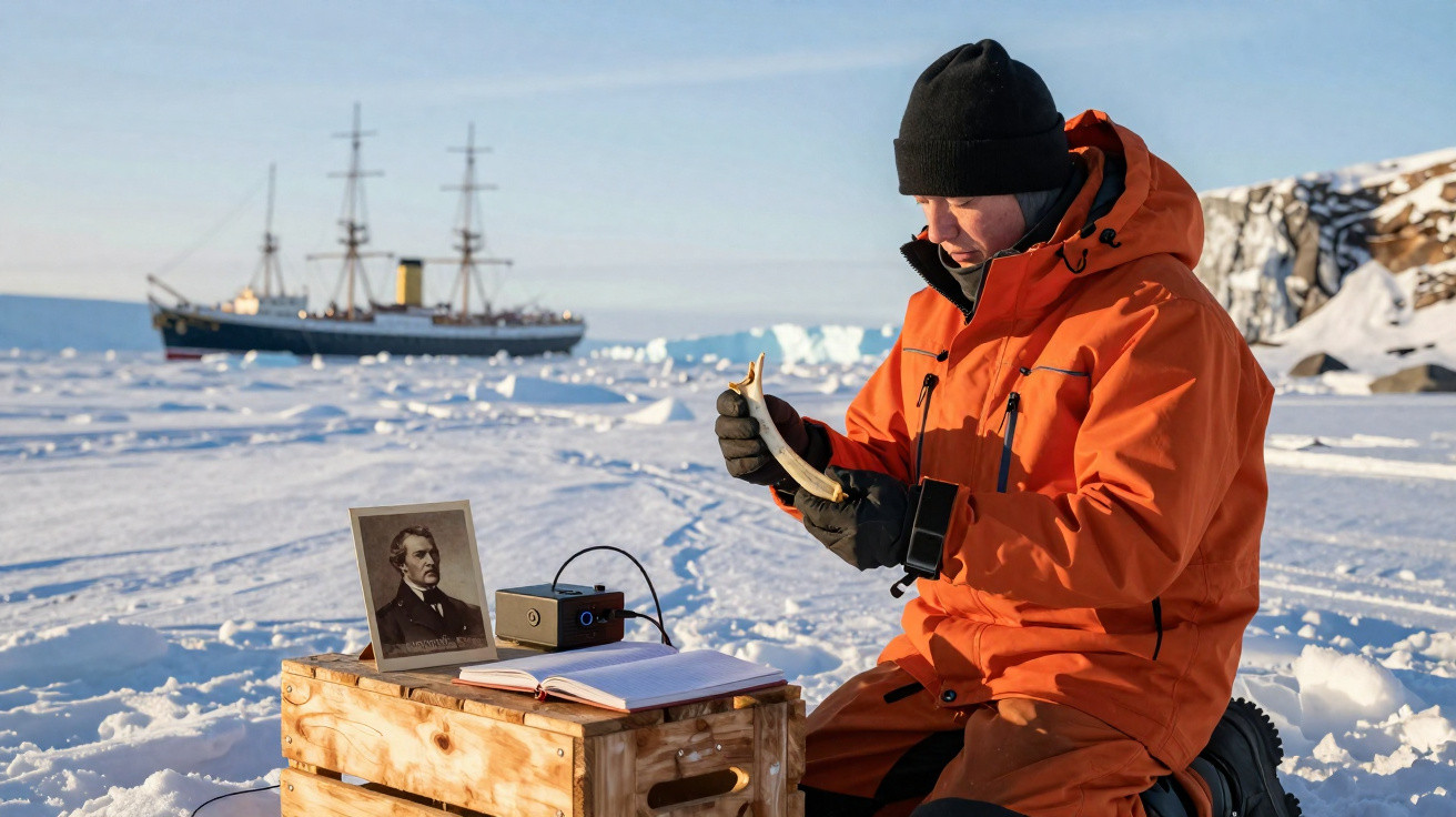 Person in orange jacket examining an item in snowy polar landscape with ship and wooden crate nearby.