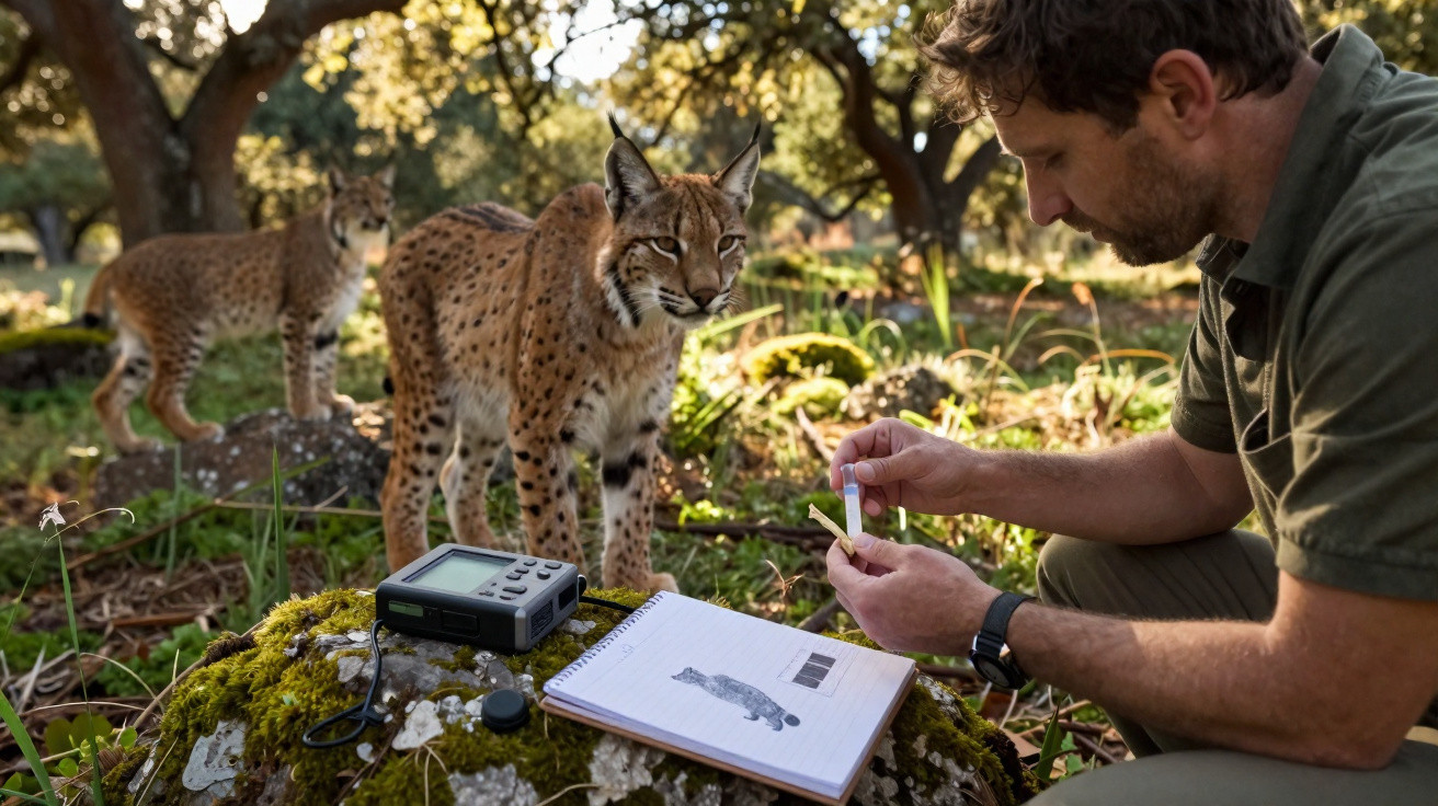Man examining a chip with two Iberian lynxes in a sunlit forest setting with research equipment on a mossy rock.