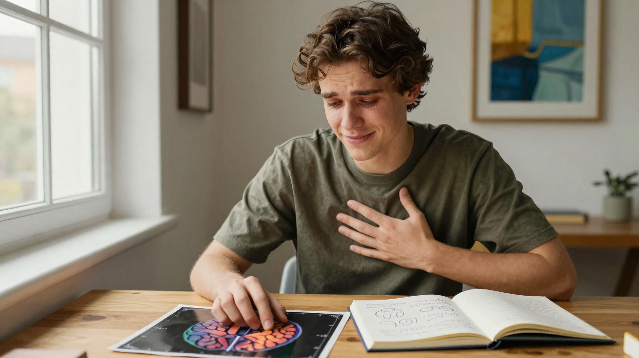Young man sitting at a table, looking emotional while touching a brain diagram and an open book.