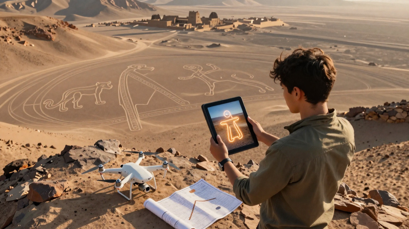 Young man using a tablet to view desert geoglyphs with a drone and map on rocky terrain nearby.