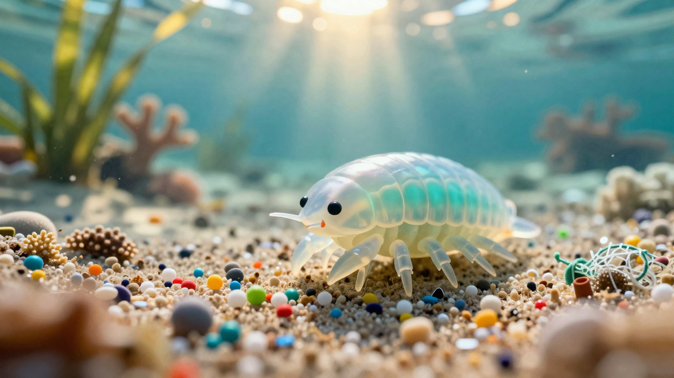 Transparent isopod with glowing blue segments walking on a colourful pebble seabed underwater.