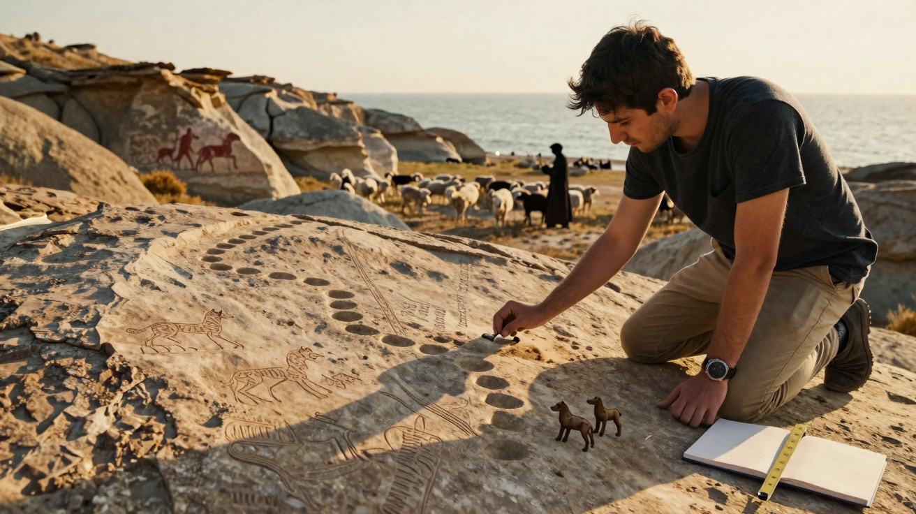 Man examining ancient petroglyphs on a rock near the sea with model animals and notebook nearby at sunset.