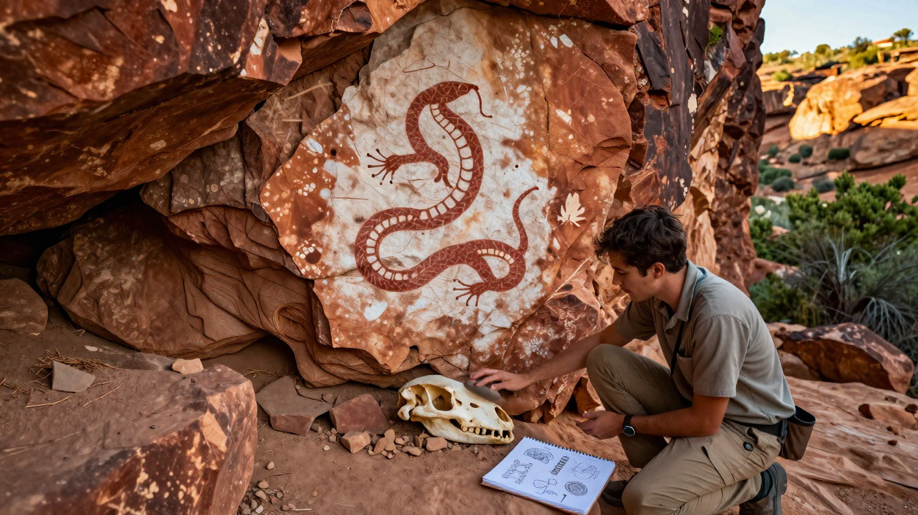 Man examining snake rock art on red sandstone cliff with animal skull and sketchbook in desert landscape