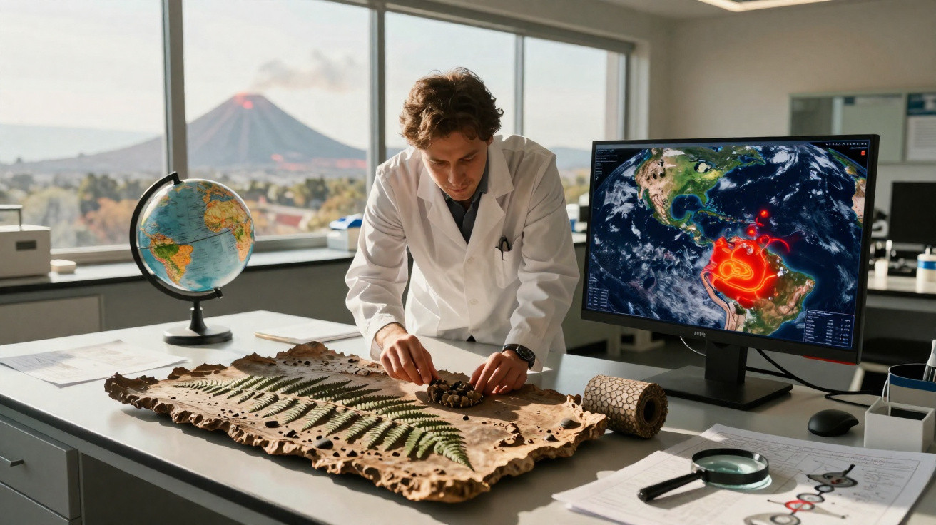 Scientist in lab coat examining plant fossils with volcano and disaster map on screen in background.