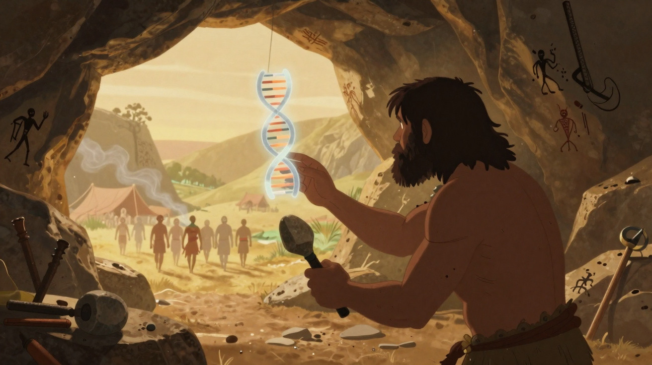 Caveman inside a cave holding a glowing DNA model with prehistoric tools and figures in the background.