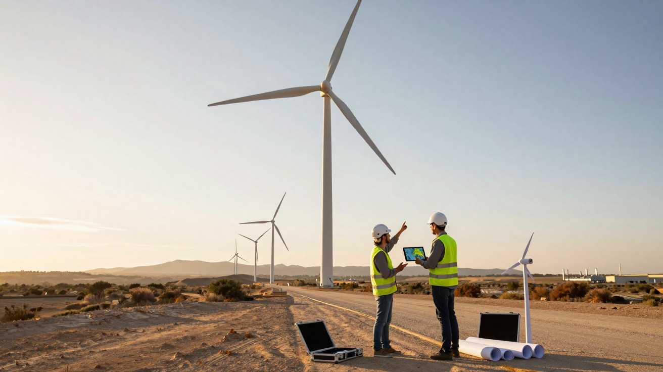 Two engineers in safety gear discussing near wind turbines in a desert landscape at sunset.