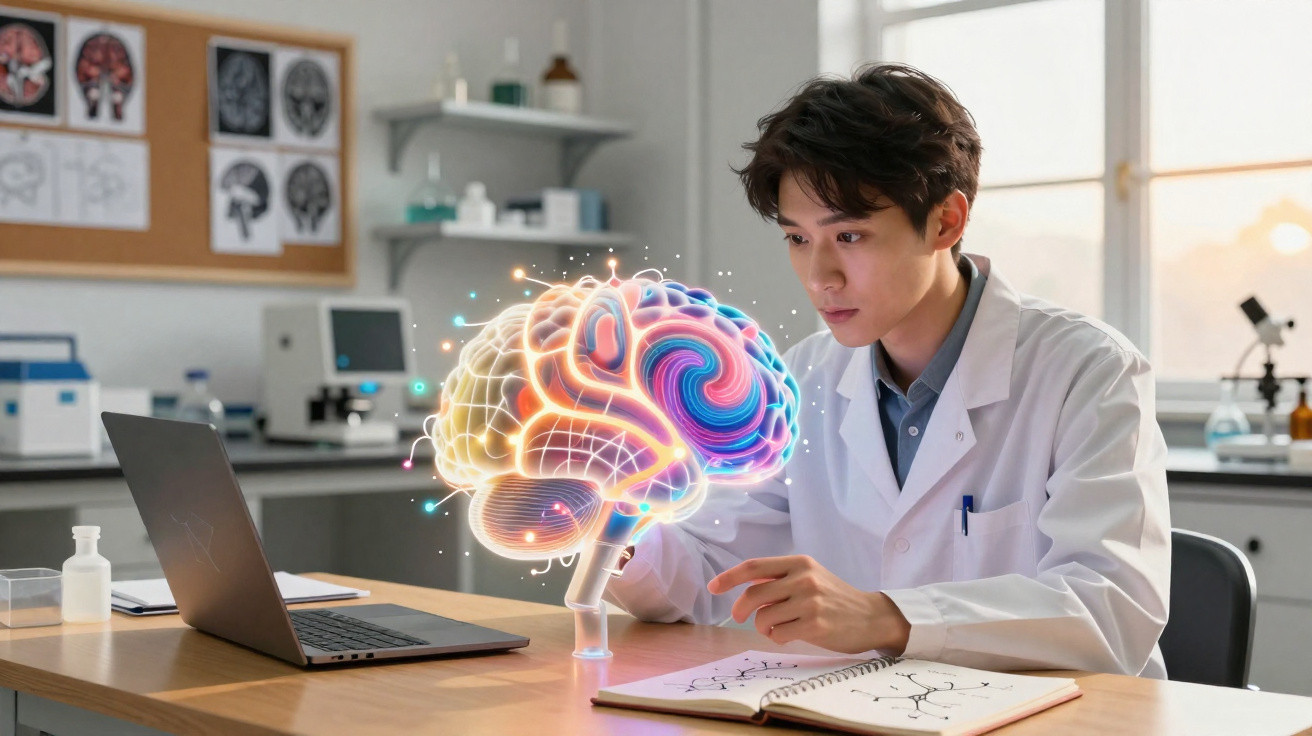 Scientist in lab coat examining a glowing 3D brain model hologram next to a laptop and notebook in a lab.