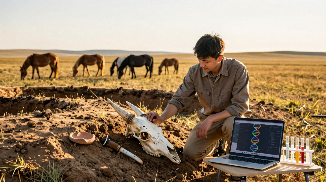 A scientist kneels beside a large animal skull in a field, with a laptop showing DNA sequences and test tubes nearby.