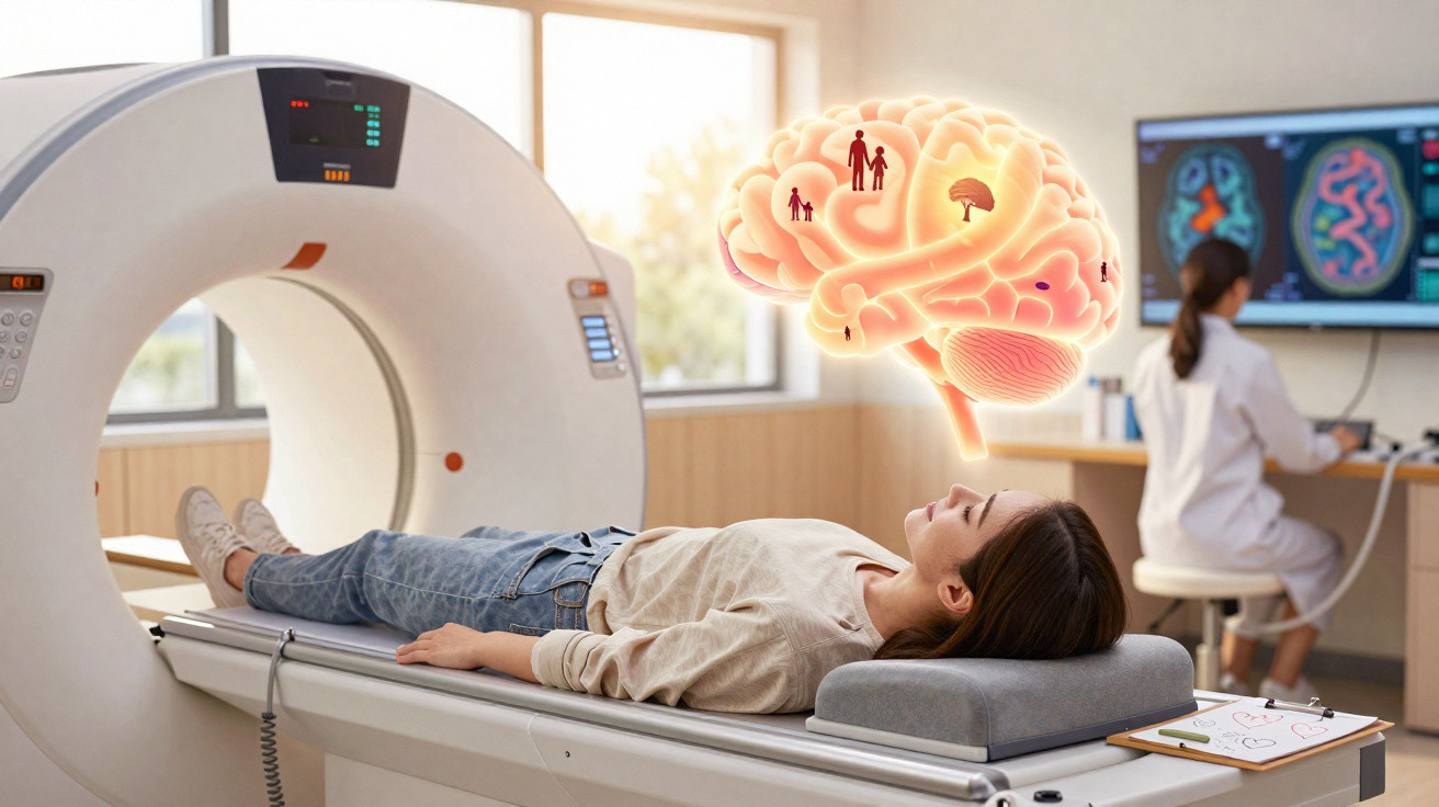 Patient undergoing MRI brain scan with digital brain illustration and doctor analysing brain images on screen
