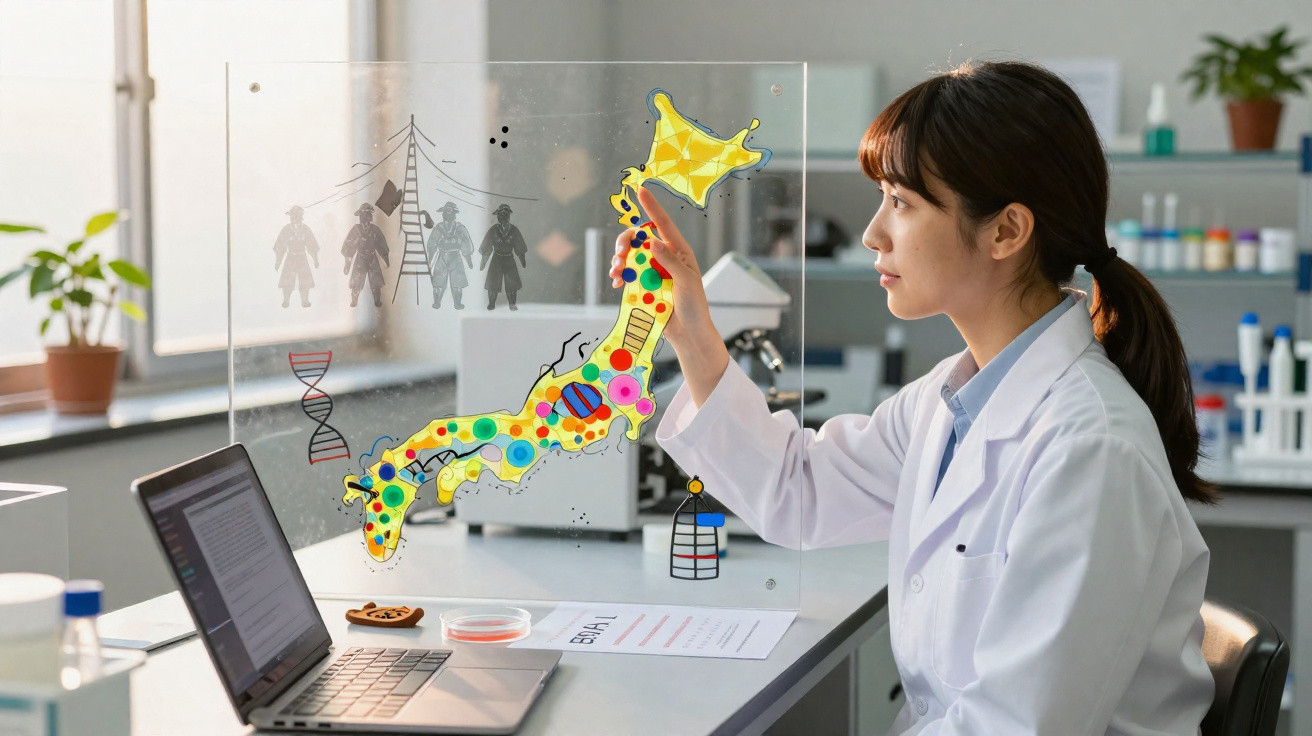 Female scientist in lab coat interacting with a transparent screen displaying a colourful map of Japan and DNA graphics.