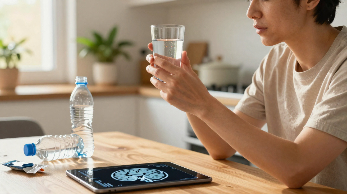 Person holding a glass of water at a table with a brain scan image on a tablet and two water bottles.