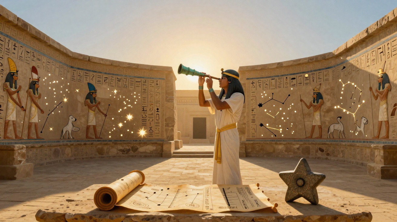 Ancient Egyptian figure using a telescope in a temple with star constellations and hieroglyphs on walls.