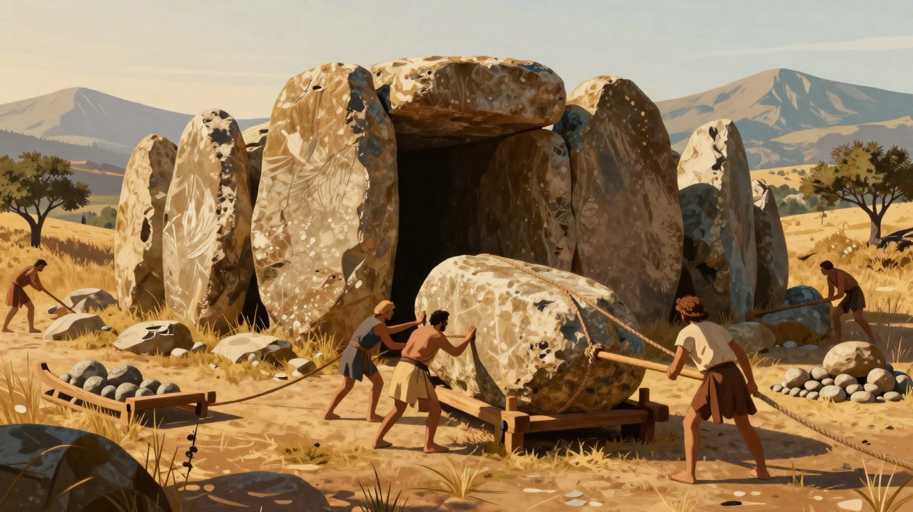 Ancient people using ropes and wooden tools to move large stones in a dry, mountainous landscape.