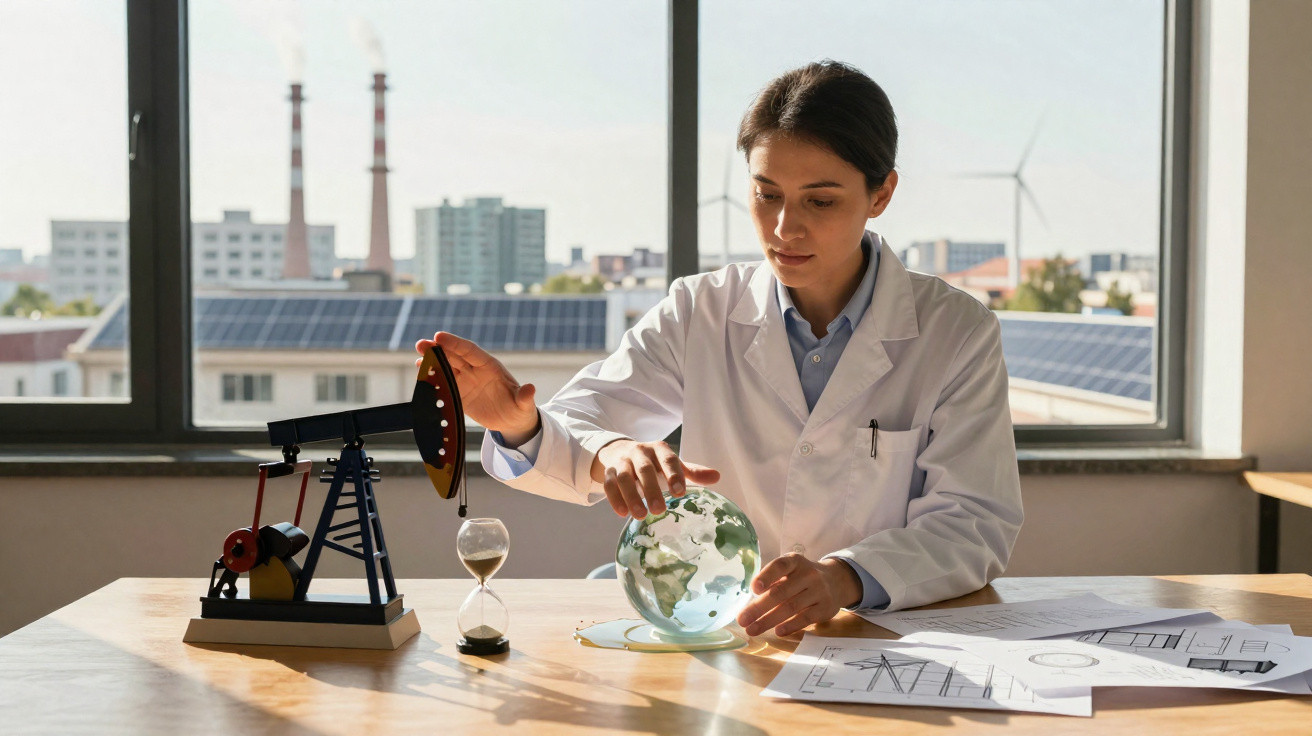 Scientist in lab coat examining glass globe with oil pump model and hourglass on table in bright room.