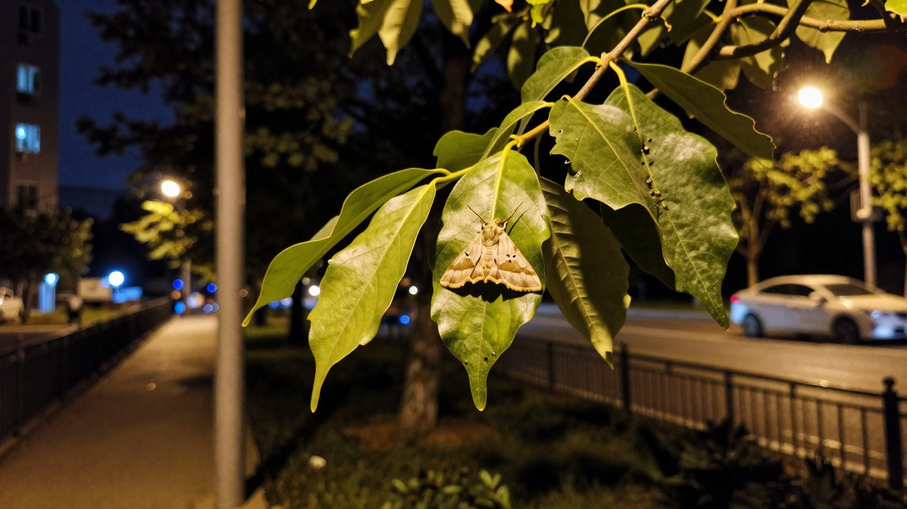 Brown moth resting on a green leaf of a tree branch at night by a street with parked cars.