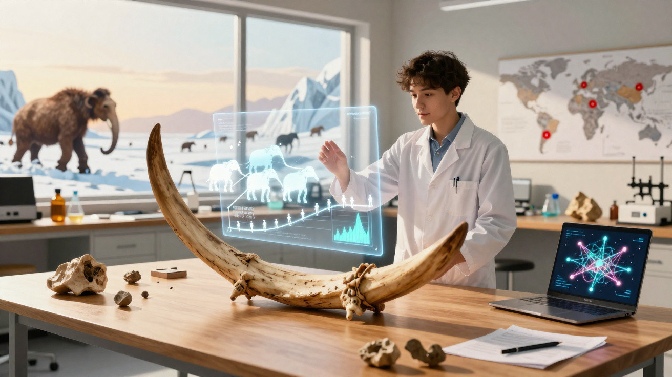Scientist in lab coat analysing mammoth tusk with holographic images and data in research lab.