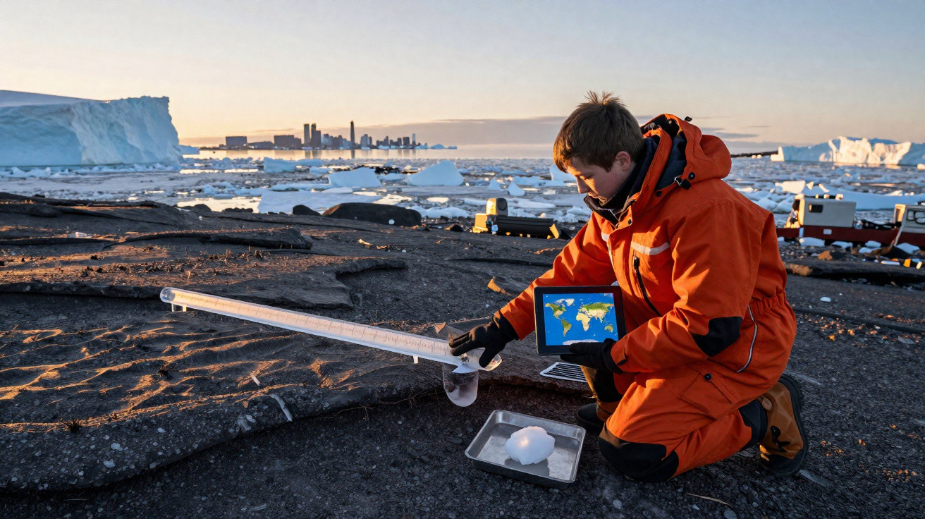 Scientist in orange coat using a tablet and measuring ice melting on rocky Arctic shoreline with icebergs in background.
