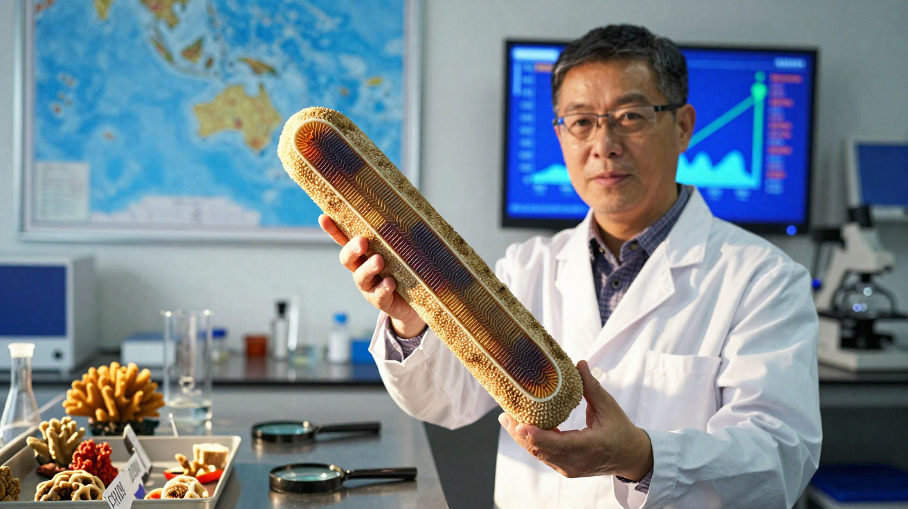 Scientist in a lab coat holding a large model of a virus with lab equipment and a map in the background.