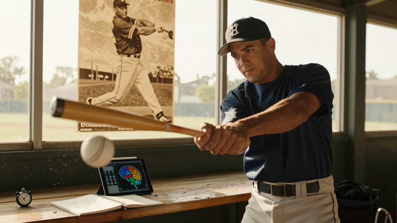 Baseball player in vintage uniform swinging a bat indoors near a desk with a tablet showing a brain scan.