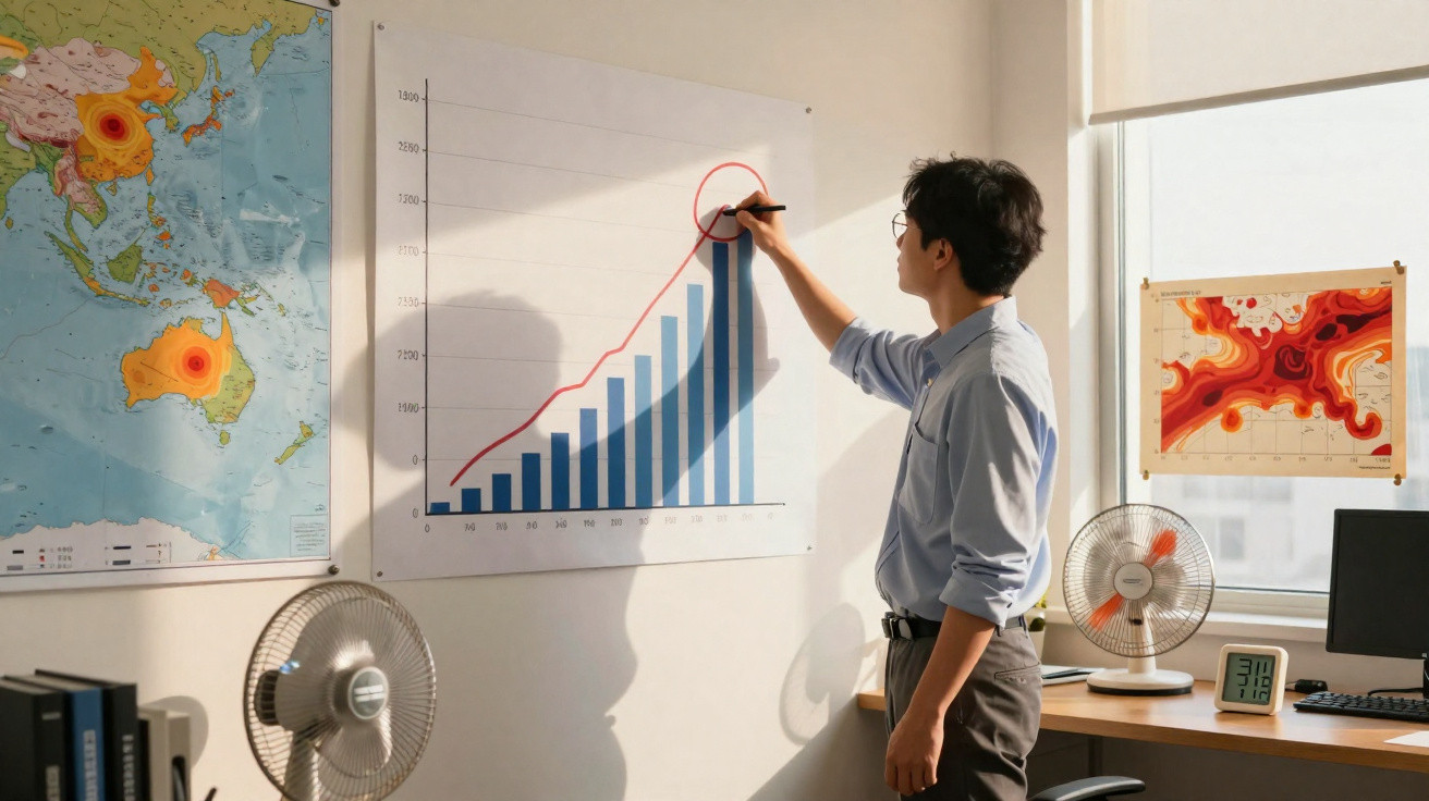Man in glasses marking a rising bar and line graph on a wall chart in a sunlit office.