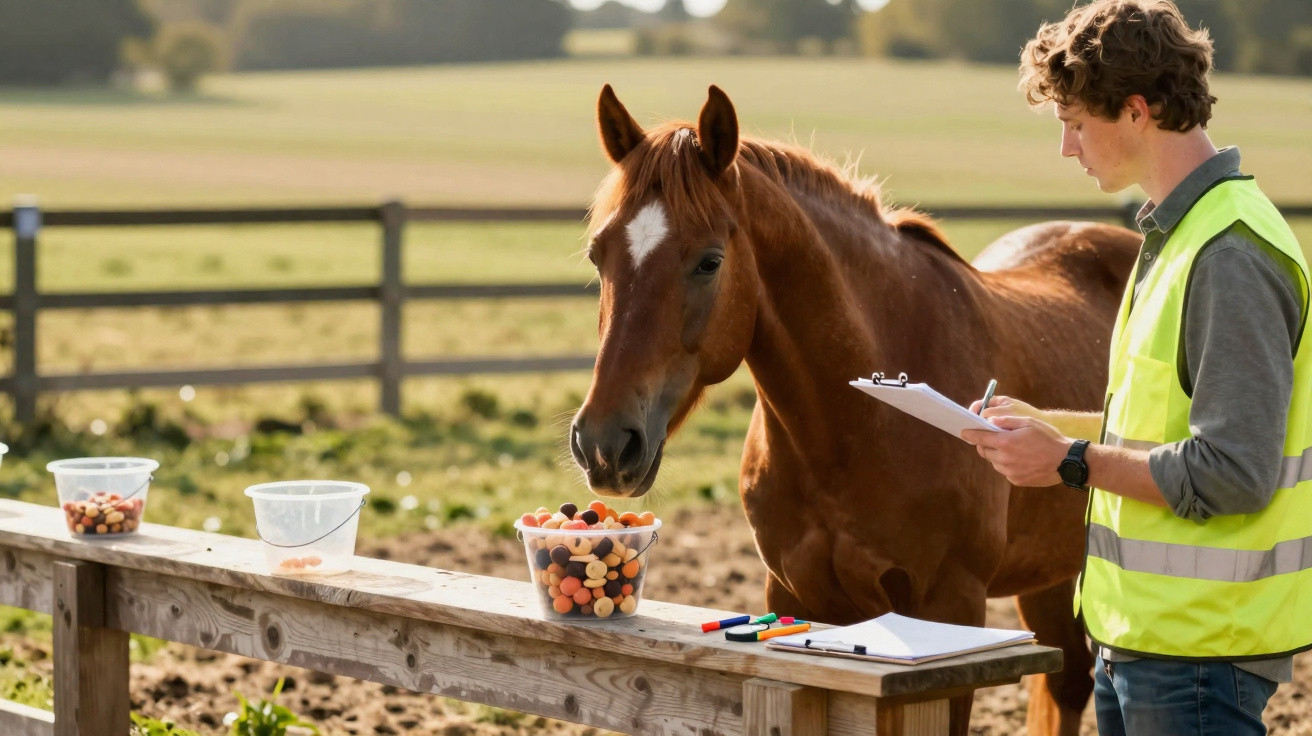 Man in high-visibility vest taking notes while a horse stands beside buckets of treats on a wooden fence.