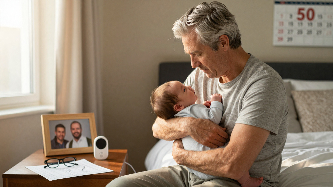 Older man sitting on bed holding and looking lovingly at a baby in a softly lit bedroom.