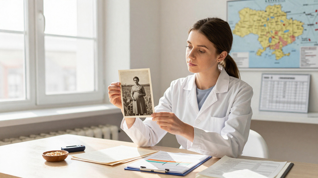Female researcher in a lab coat examining a vintage black-and-white photograph in a bright office with a map in the backgroun