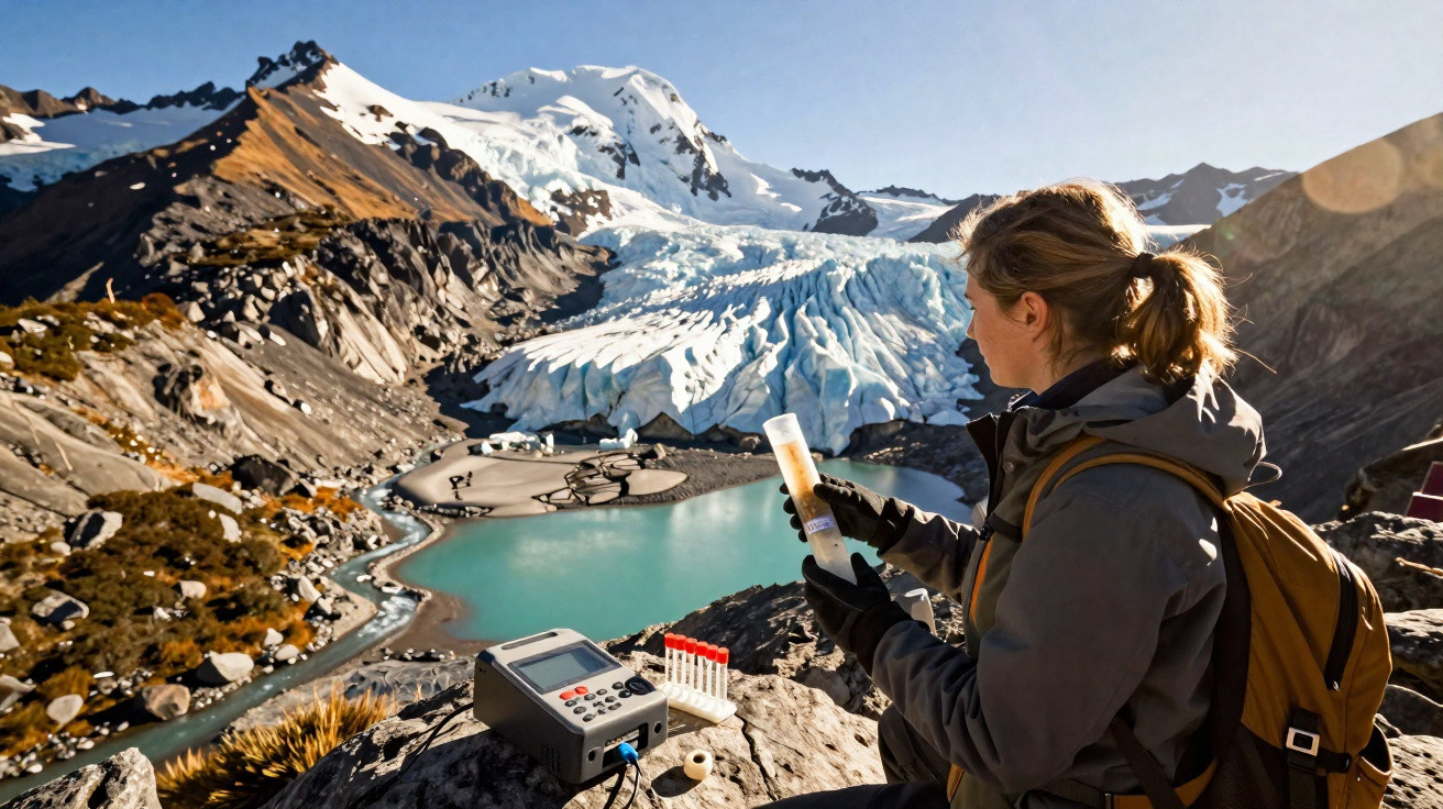 Scientist in outdoor gear analysing water sample near glacial lake with snowy mountains in the background.