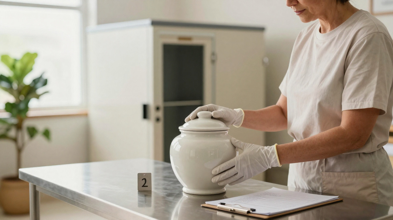 Person wearing gloves handling a white urn on a metal table with a clipboard and evidence marker.