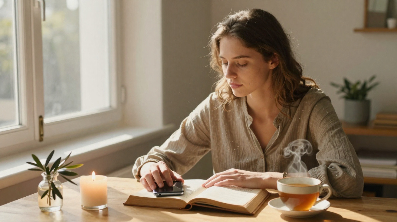 Young woman reading a book at a wooden table with a lit candle, steaming tea, and a small plant by the window.