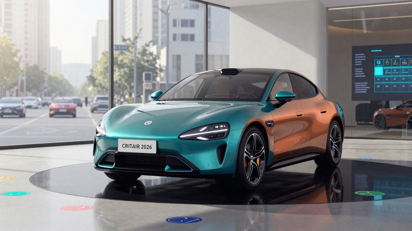 Sleek turquoise electric sedan displayed on a shiny platform inside a modern showroom with cityscape views.