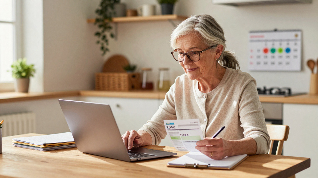 Older woman in glasses using laptop and holding bills while sitting at wooden table in a bright kitchen.